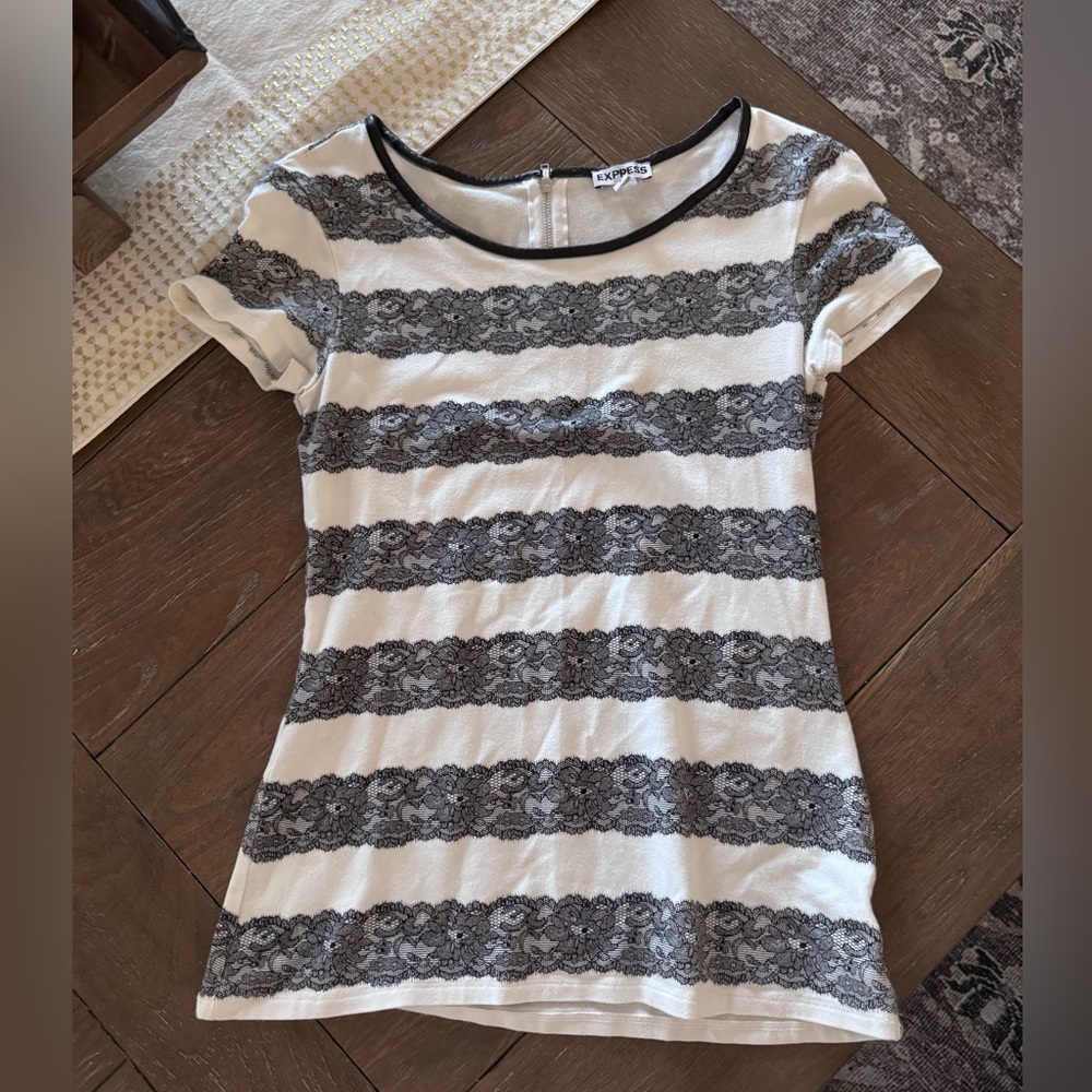 Express Black and White Lace Striped Tee